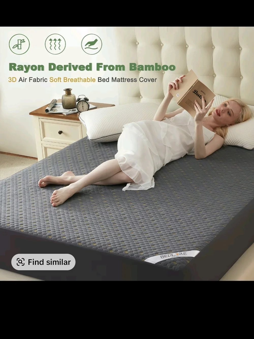 Bedlore Bamboo-Derived 3D Air Fabric Mattress Cover - Gray Queen Size New